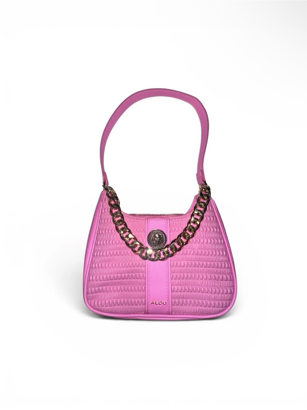 ALDO PINK TEXTURED FAUX LEATHER SHOULDER BAG W CHAIN DETAILS